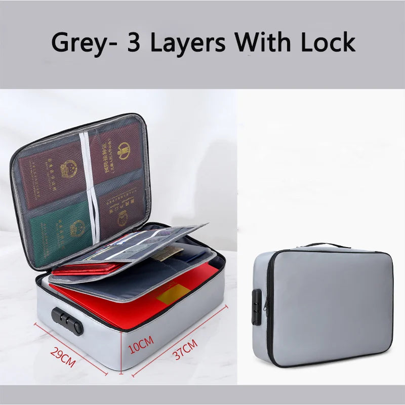 Bolsa para Documentos à Prova de Fogo Organizador de Segurança com Zíper, Carteira à Prova d'Água, Estojo Multicamadas para Cartões, Bolsa de Viagem para Arquivos, Caixa de Armazenamento de Papéis