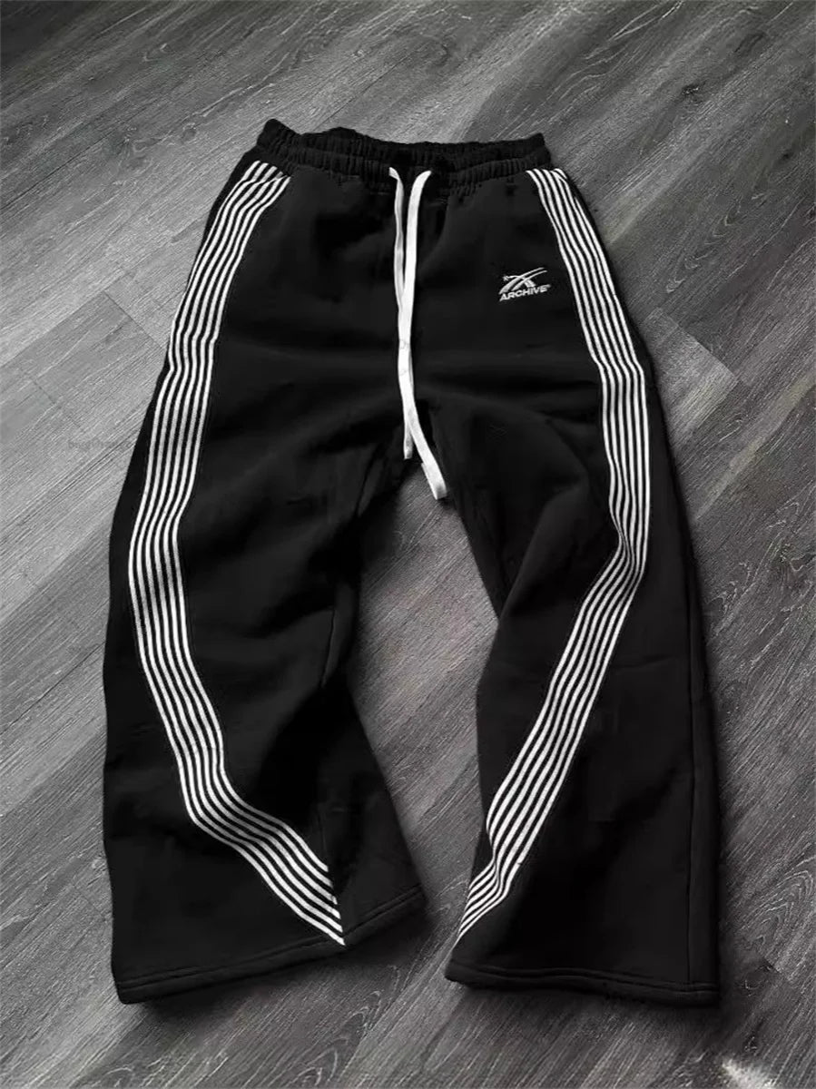 Calça casual listrada de perna reta – Unissex para corrida urbana
