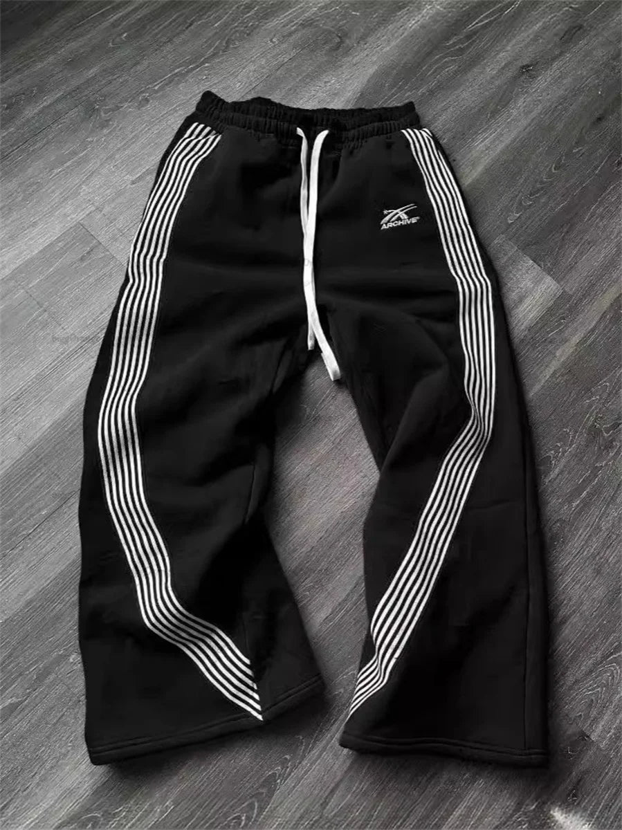 Calça casual listrada de perna reta – Unissex para corrida urbana
