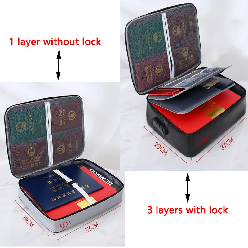 Bolsa para Documentos à Prova de Fogo Organizador de Segurança com Zíper, Carteira à Prova d'Água, Estojo Multicamadas para Cartões, Bolsa de Viagem para Arquivos, Caixa de Armazenamento de Papéis
