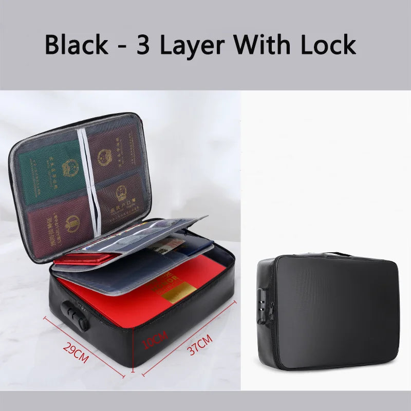 Bolsa para Documentos à Prova de Fogo Organizador de Segurança com Zíper, Carteira à Prova d'Água, Estojo Multicamadas para Cartões, Bolsa de Viagem para Arquivos, Caixa de Armazenamento de Papéis