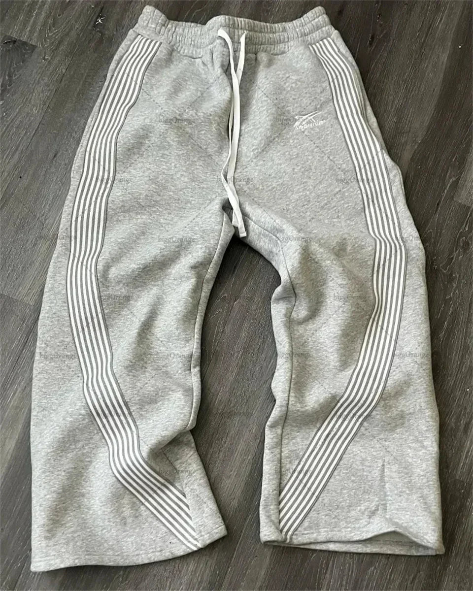 Calça casual listrada de perna reta – Unissex para corrida urbana