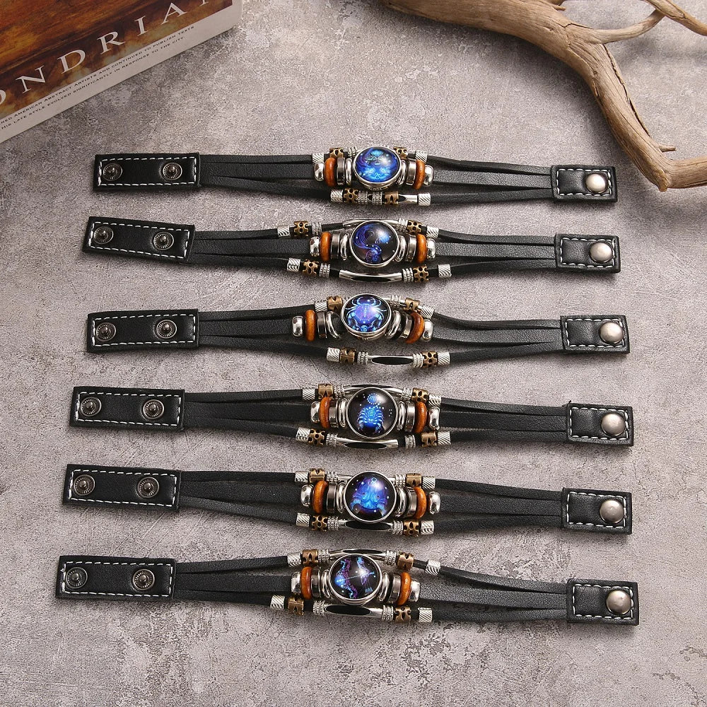 12 Zodiac Constellation Leather Bracelet - Vintage Multi-Layer Stainless Steel Charm