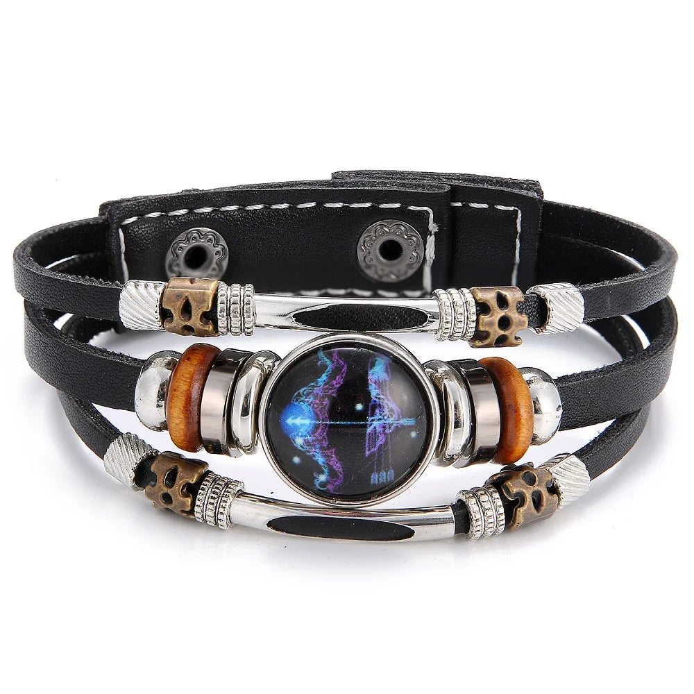 12 Zodiac Constellation Leather Bracelet - Vintage Multi-Layer Stainless Steel Charm