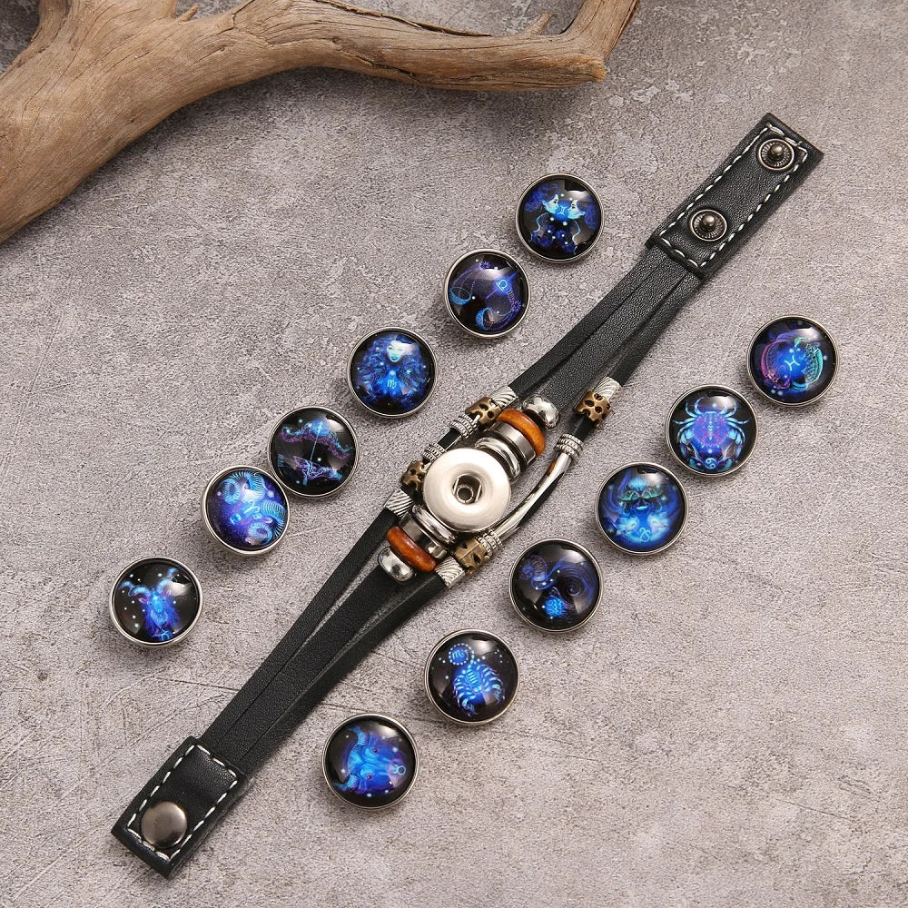 12 Zodiac Constellation Leather Bracelet - Vintage Multi-Layer Stainless Steel Charm