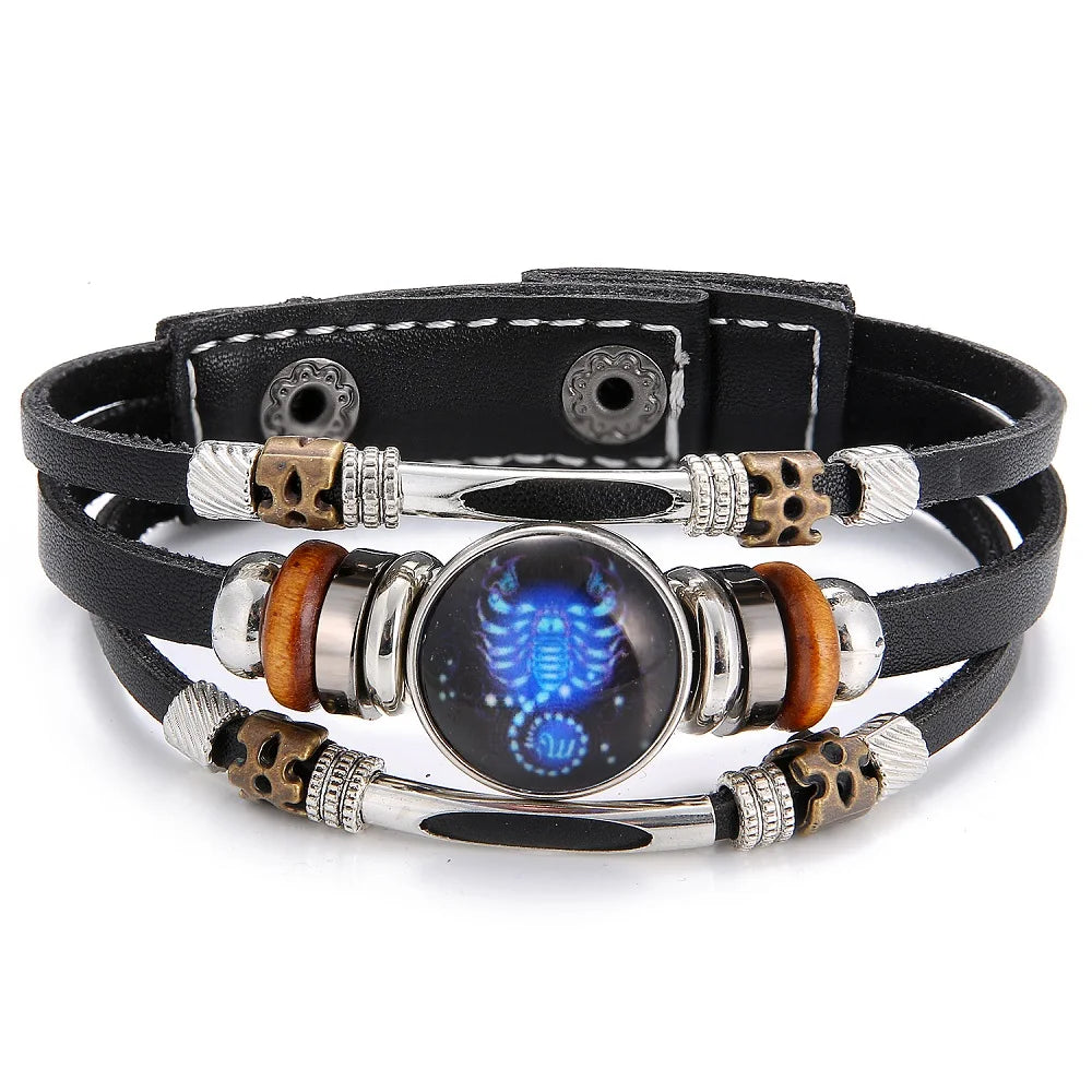 12 Zodiac Constellation Leather Bracelet - Vintage Multi-Layer Stainless Steel Charm