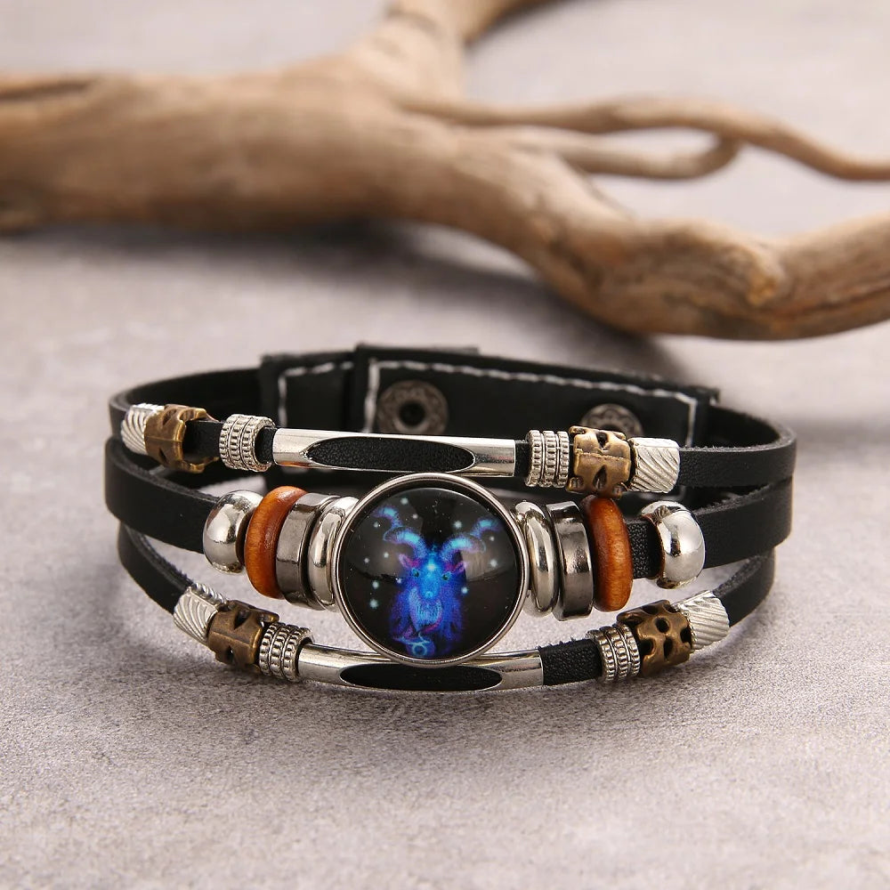 12 Zodiac Constellation Leather Bracelet - Vintage Multi-Layer Stainless Steel Charm