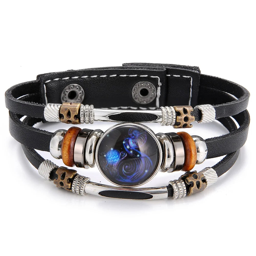 12 Zodiac Constellation Leather Bracelet - Vintage Multi-Layer Stainless Steel Charm