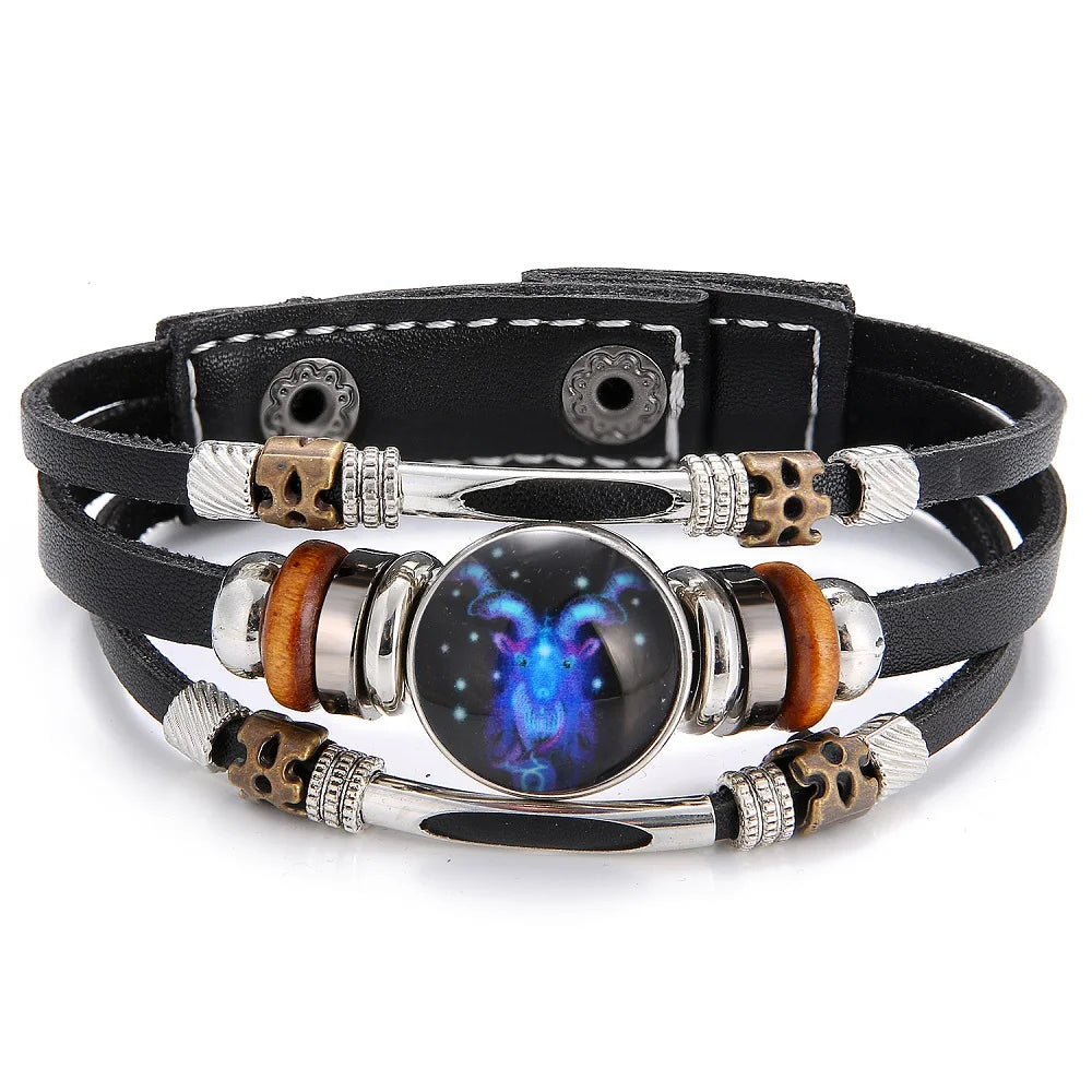 12 Zodiac Constellation Leather Bracelet - Vintage Multi-Layer Stainless Steel Charm