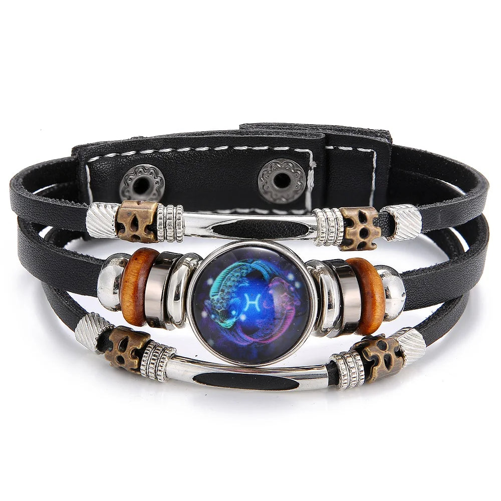 12 Zodiac Constellation Leather Bracelet - Vintage Multi-Layer Stainless Steel Charm