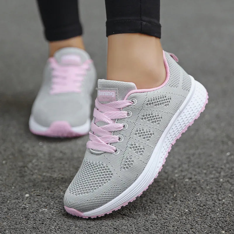 Tênis feminino de malha respirável – Sapatos casuais brancos para caminhada 2024