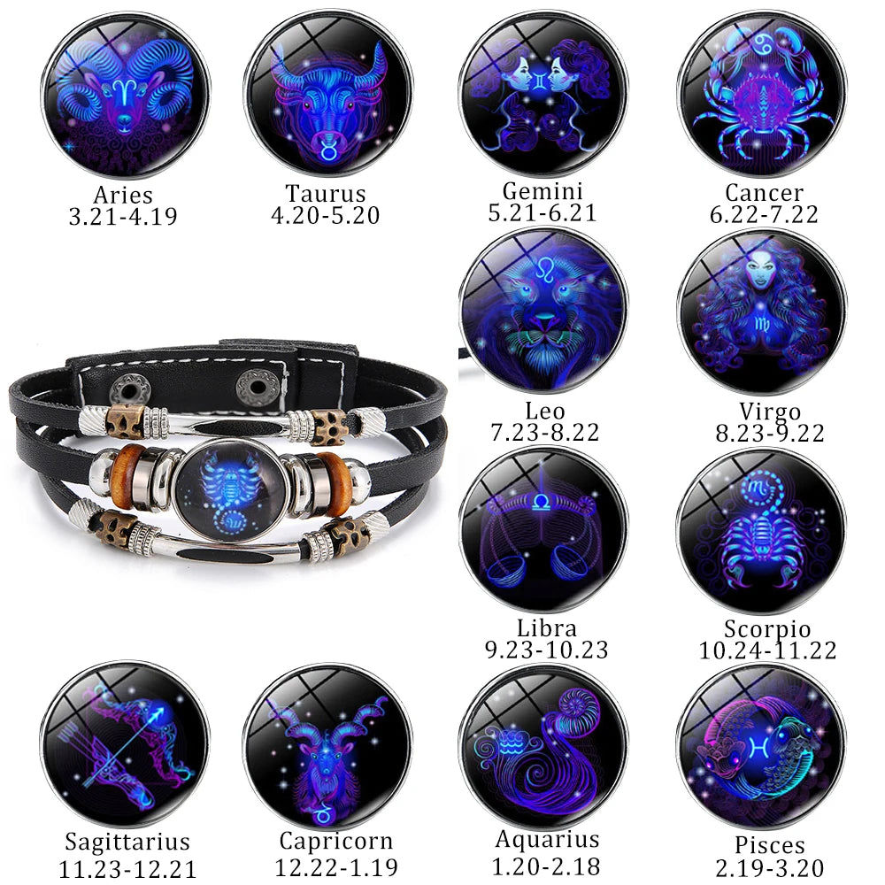 12 Zodiac Constellation Leather Bracelet - Vintage Multi-Layer Stainless Steel Charm