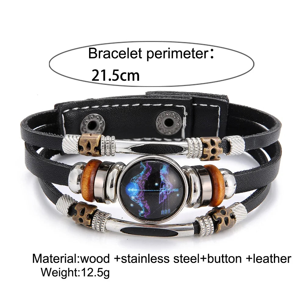 12 Zodiac Constellation Leather Bracelet - Vintage Multi-Layer Stainless Steel Charm