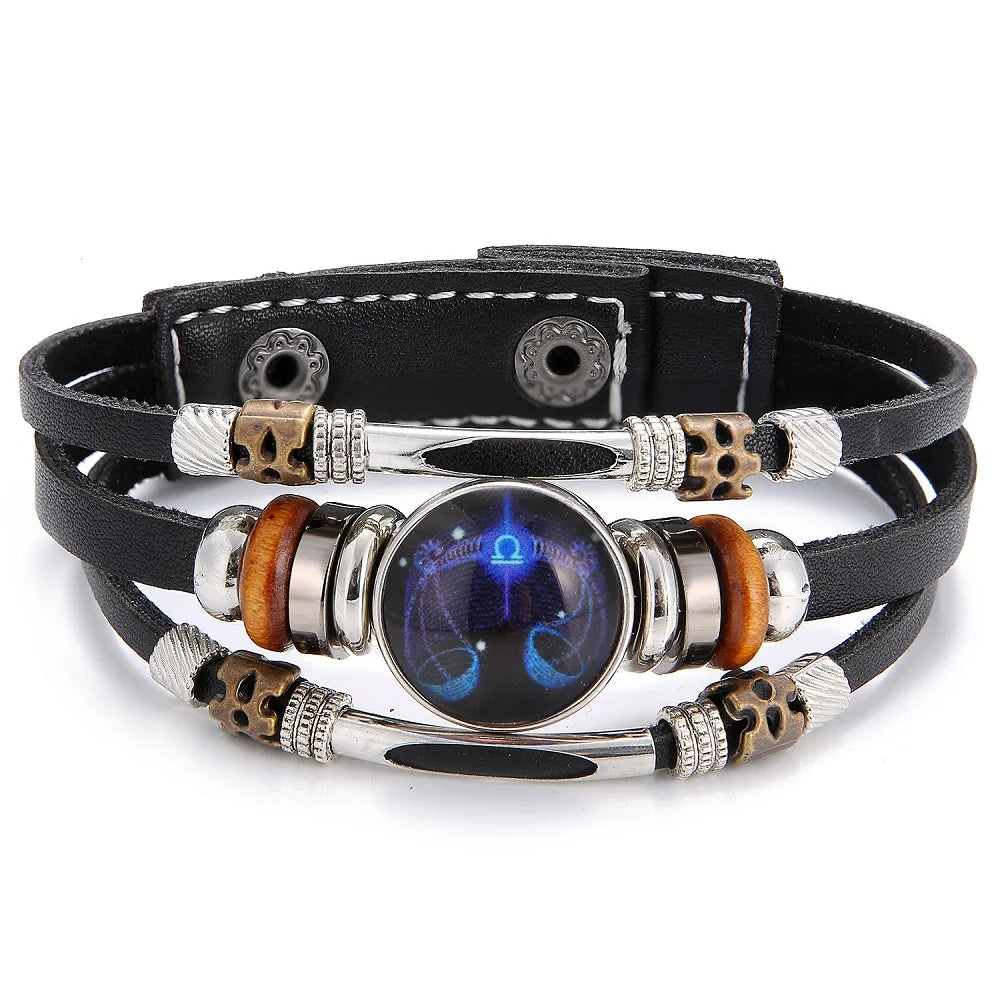 12 Zodiac Constellation Leather Bracelet - Vintage Multi-Layer Stainless Steel Charm
