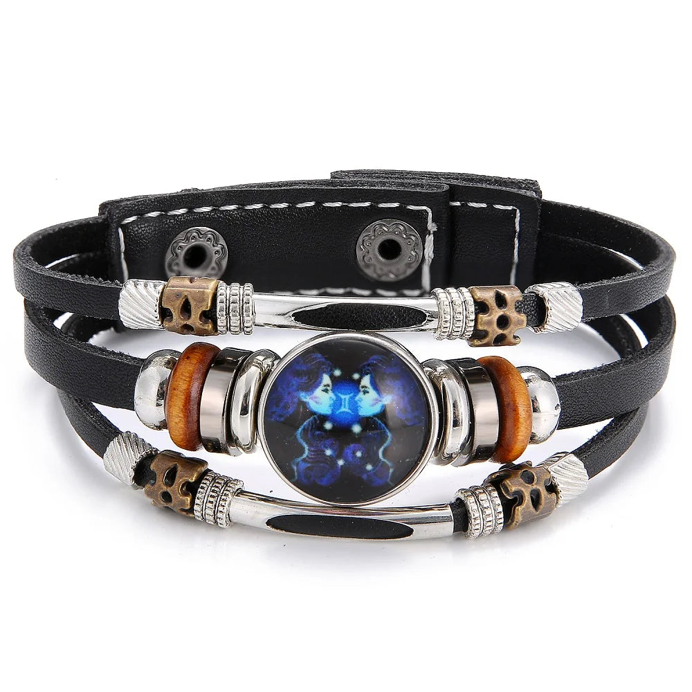 12 Zodiac Constellation Leather Bracelet - Vintage Multi-Layer Stainless Steel Charm