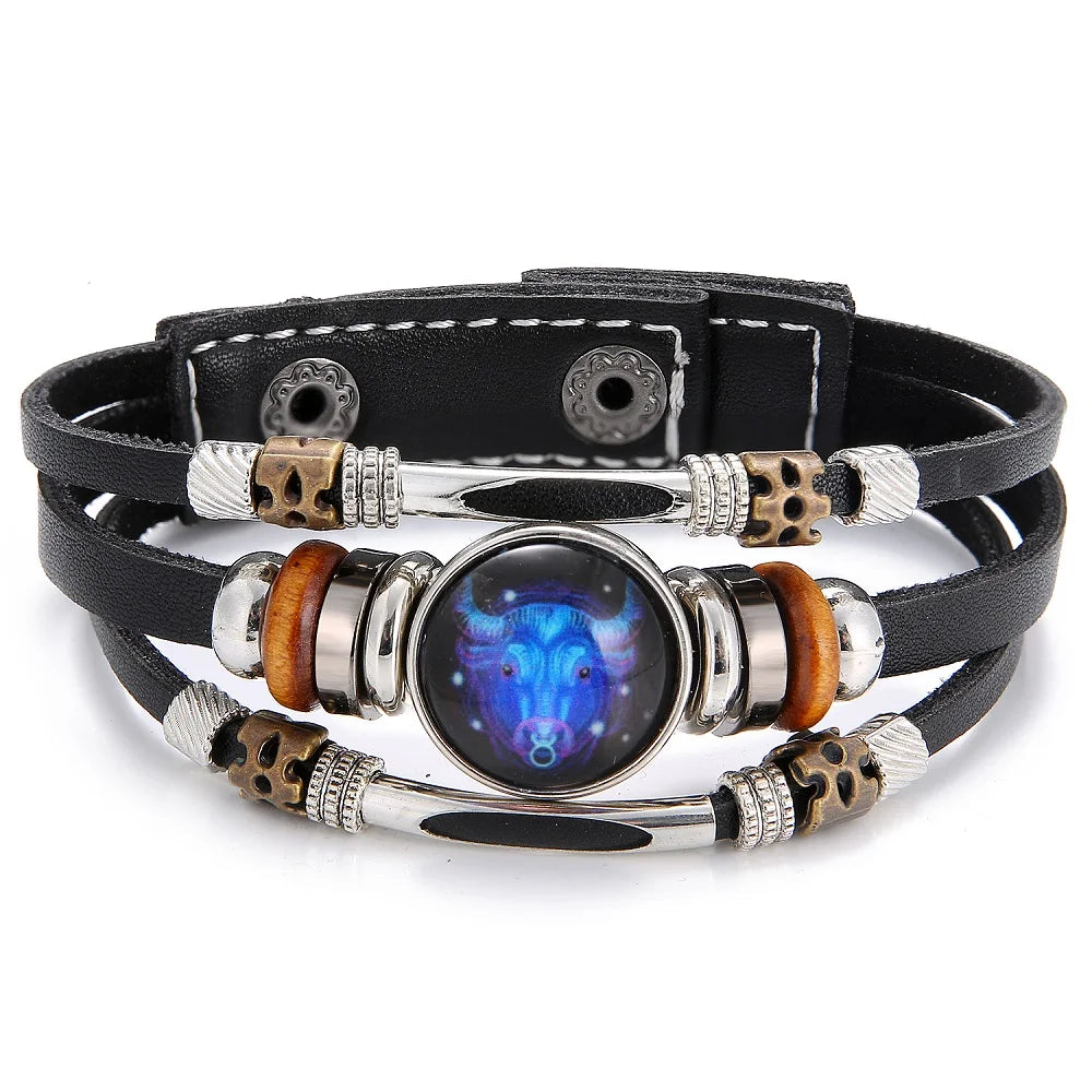 12 Zodiac Constellation Leather Bracelet - Vintage Multi-Layer Stainless Steel Charm