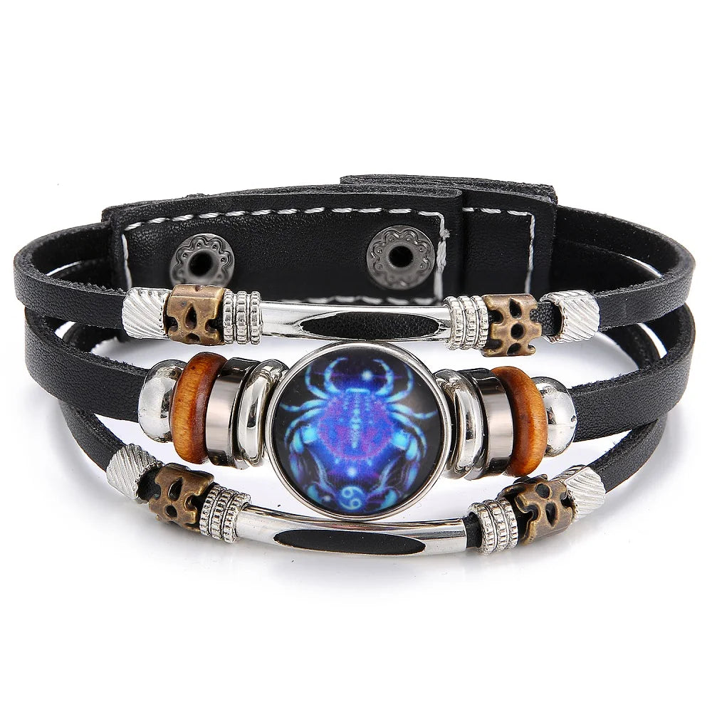 12 Zodiac Constellation Leather Bracelet - Vintage Multi-Layer Stainless Steel Charm