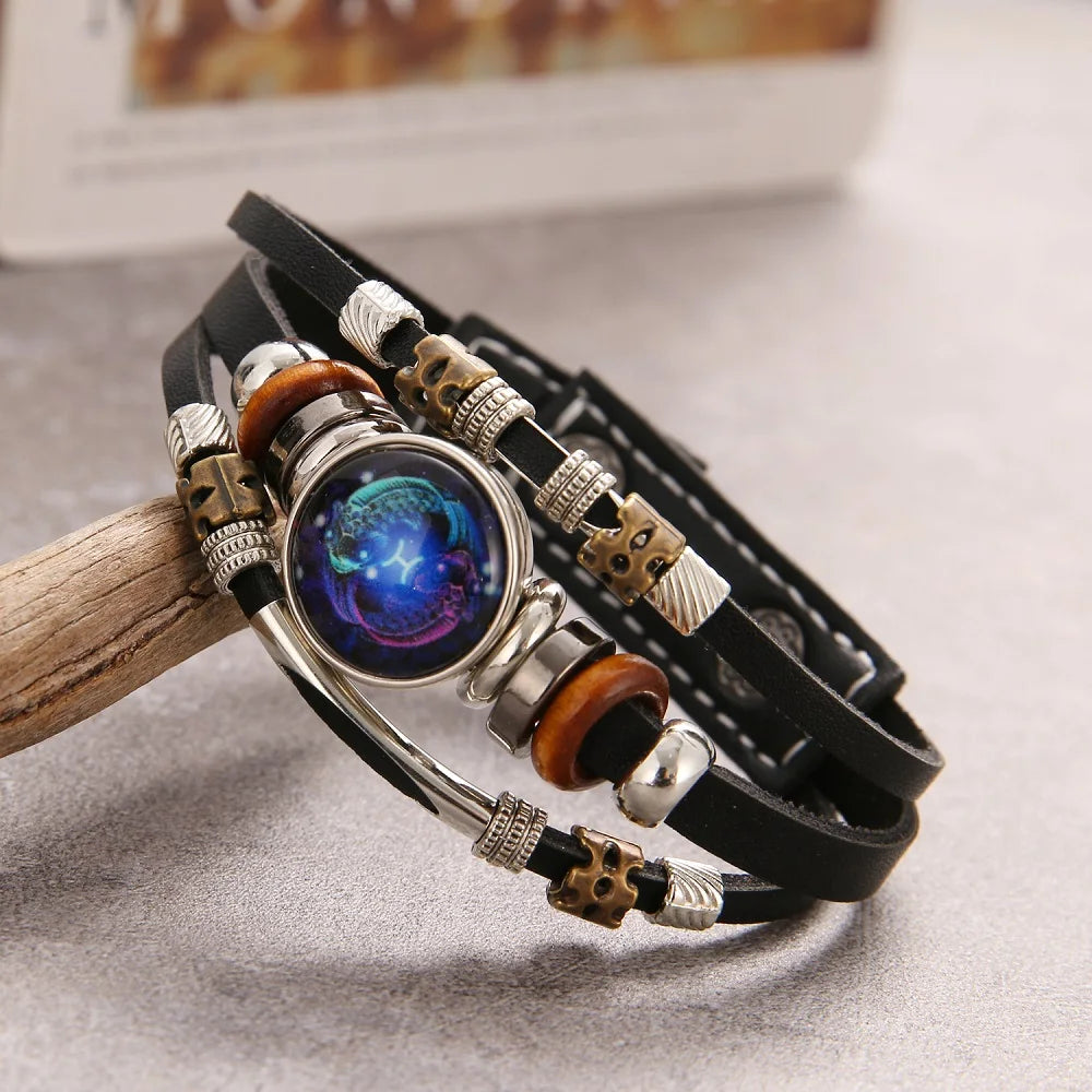 12 Zodiac Constellation Leather Bracelet - Vintage Multi-Layer Stainless Steel Charm