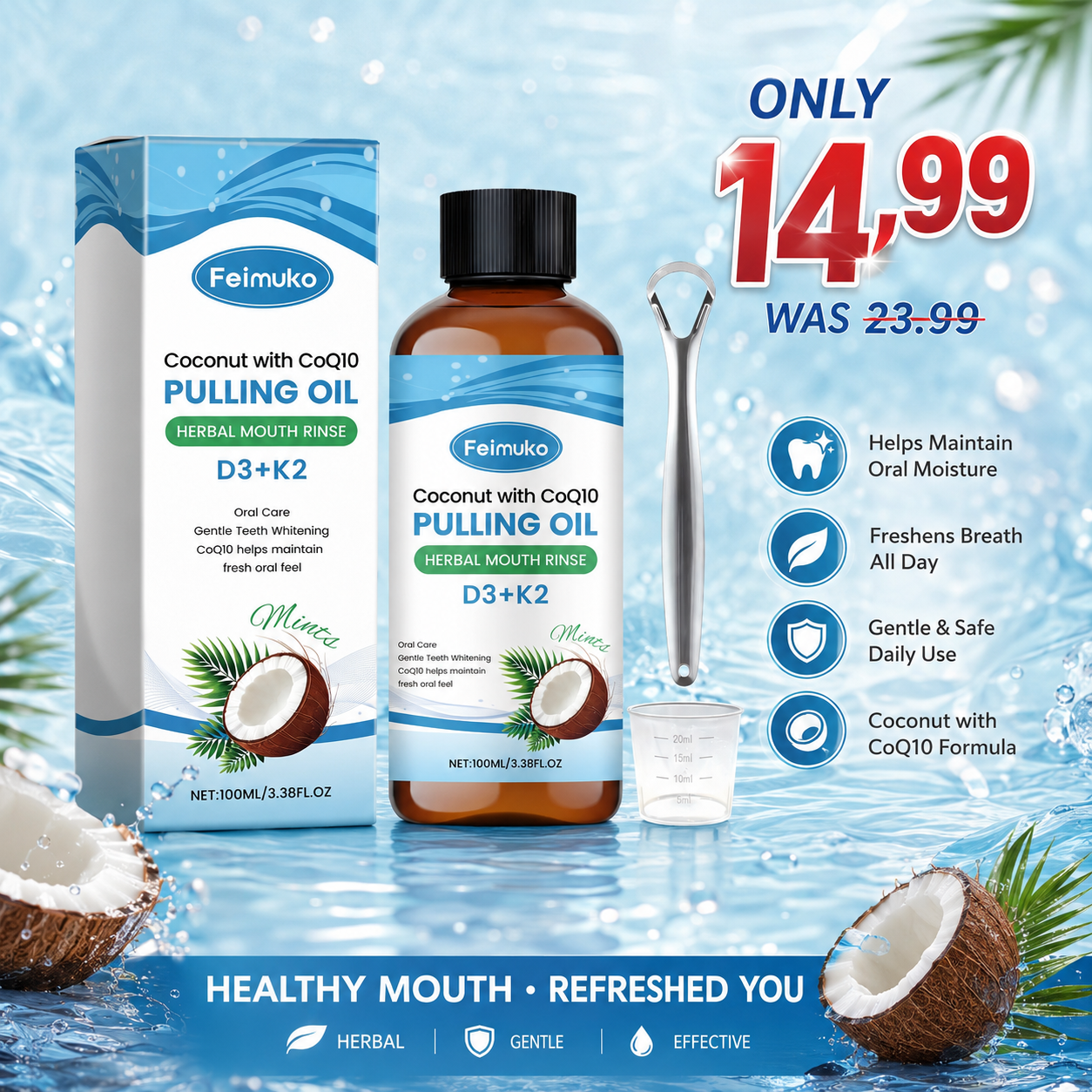 Premium Mouthwash with CoQ10 & Vitamin D – Fresh Breath, Tongue Cleaner Included