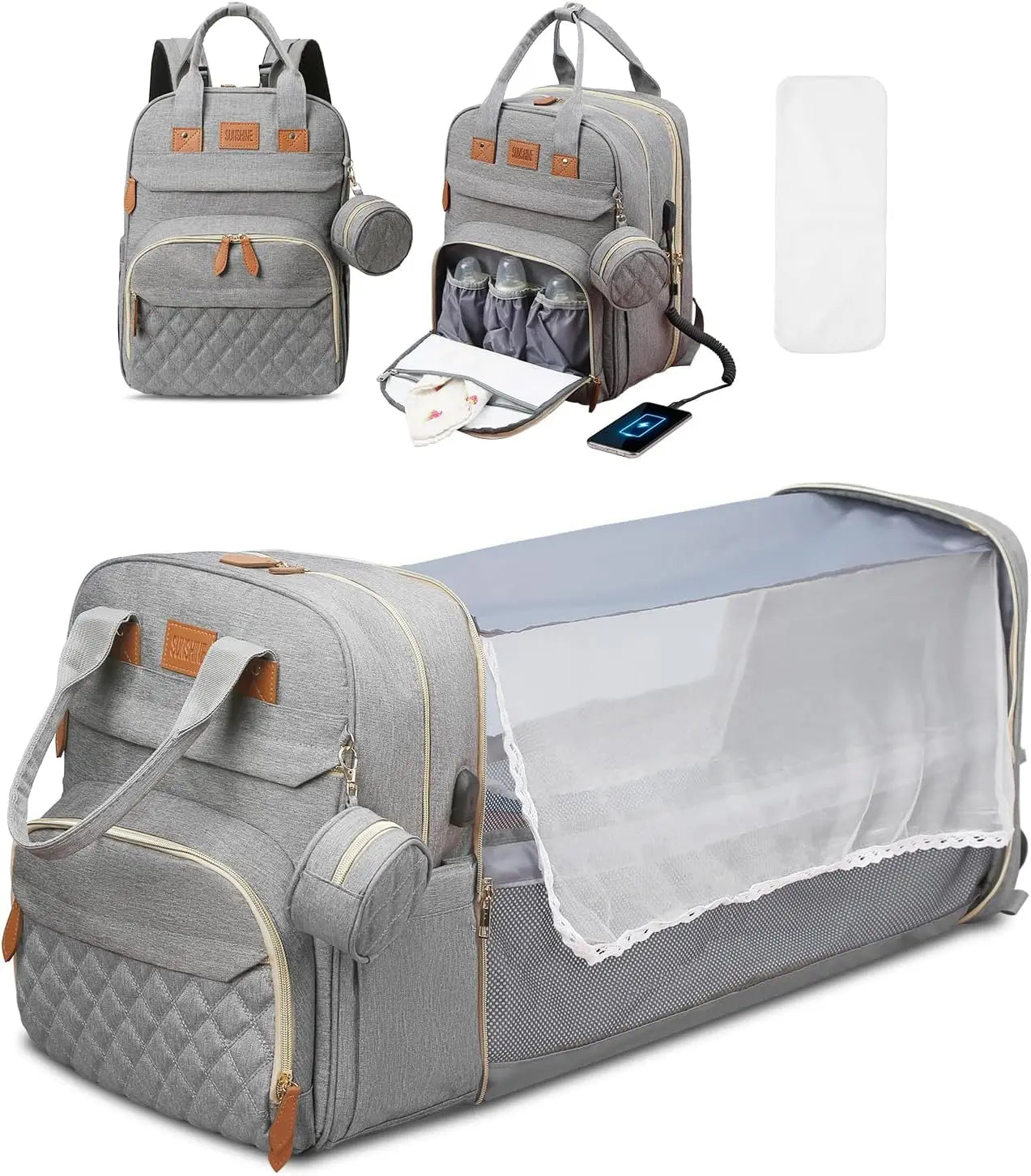 3-in-1 Diaper Bag Backpack – Foldable Baby Bed with USB Charging Port