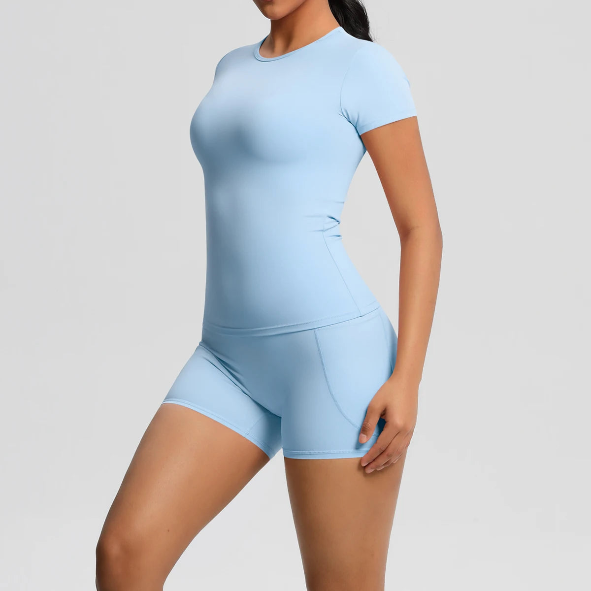 Conjunto de 2 Peças Feminino para Treino - Camisa Push-Up e Shorts Cintura Alta para Yoga e Fitness
