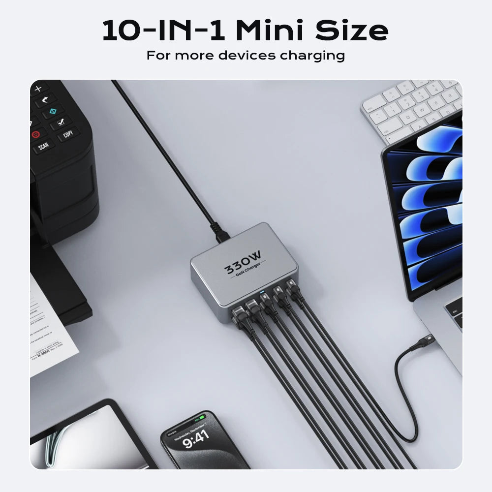 330W USB-C GaN Multiport Charger PD3.0 QC3.0 Fast Charging Station