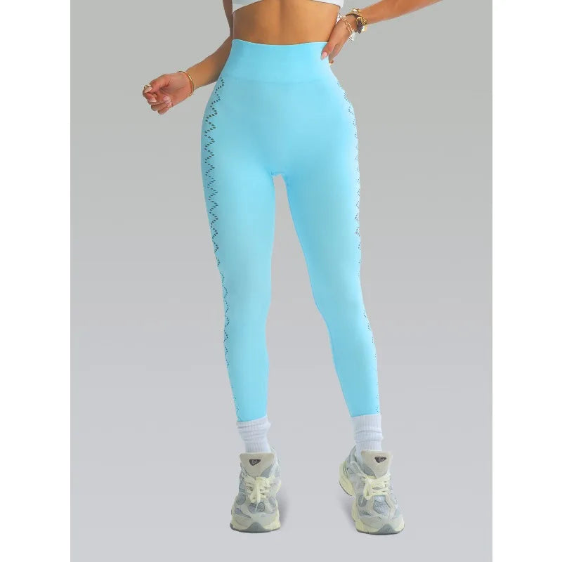Calça legging de ioga vazada para mulheres - Calça legging de treino de cintura alta que levanta o quadril