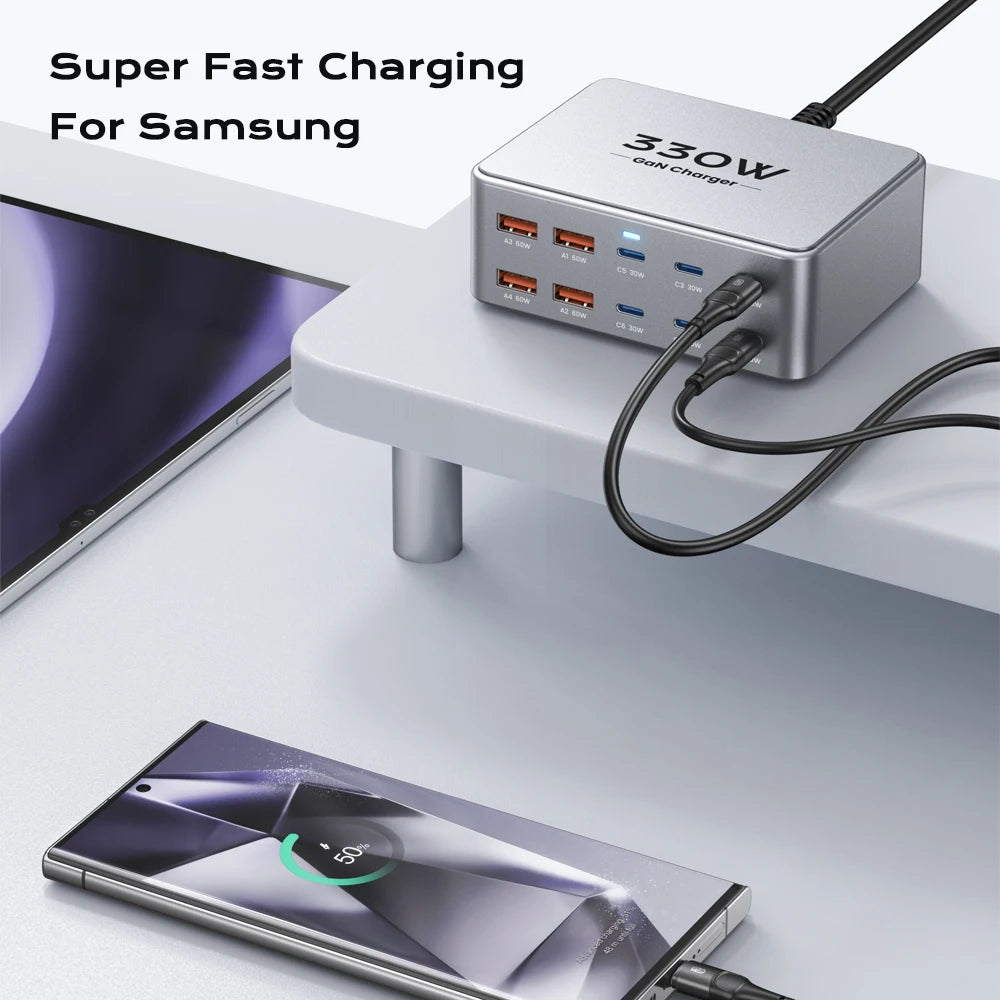 330W USB-C GaN Multiport Charger PD3.0 QC3.0 Fast Charging Station