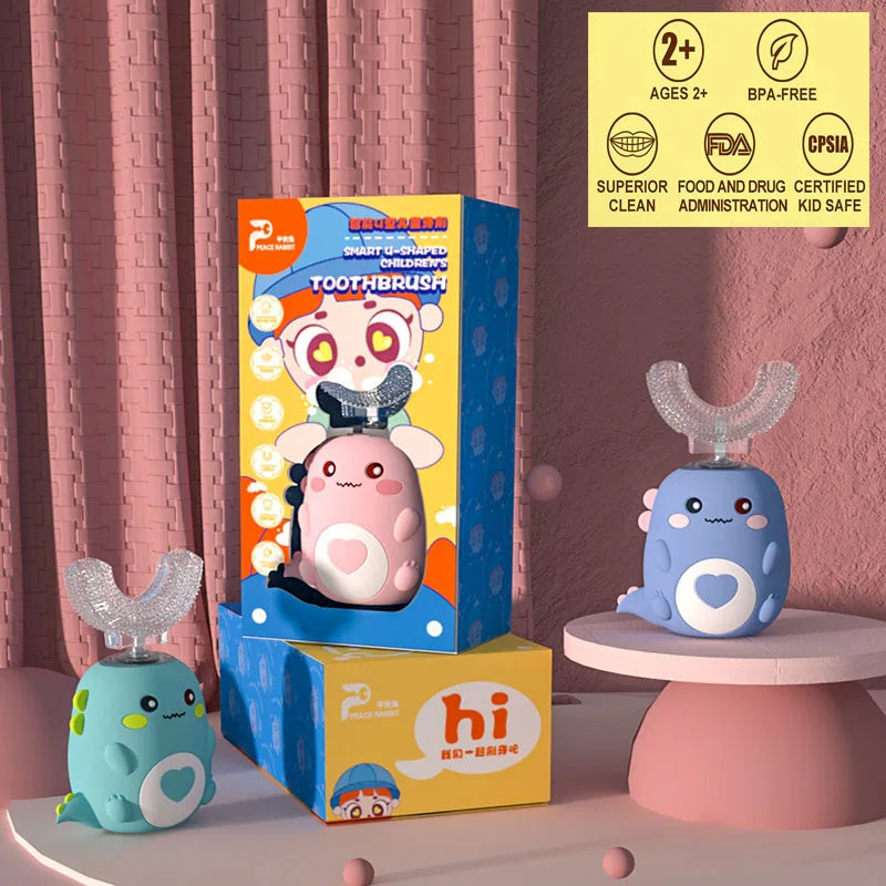 Escova de dentes elétrica infantil em formato de U - Escova de dentes infantil recarregável com tecnologia sônica inteligente de 360°