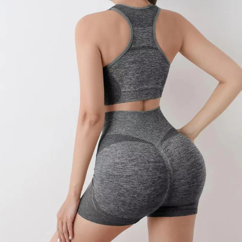 Conjunto de Yoga Feminino Sem Costura - Top Esportivo e Shorts para Treino (Conjunto de 2 Peças para Academia e Fitness)