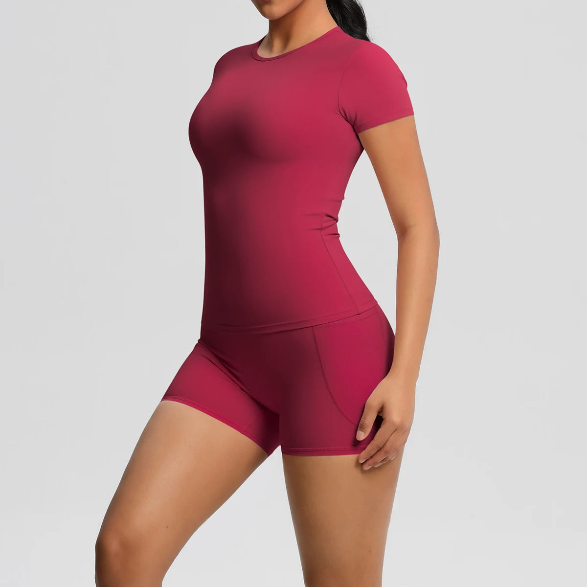 Conjunto de 2 Peças Feminino para Treino - Camisa Push-Up e Shorts Cintura Alta para Yoga e Fitness