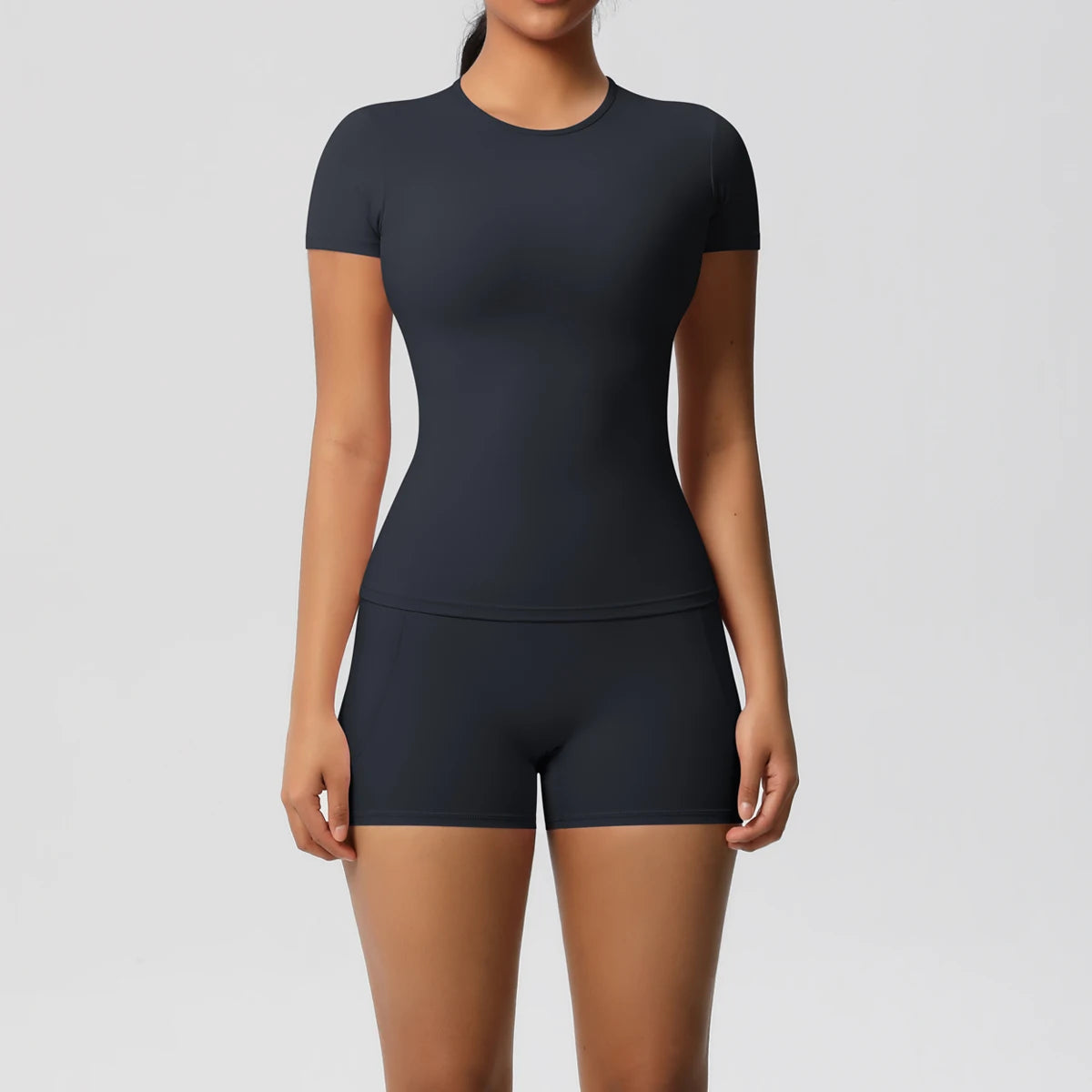Conjunto de 2 Peças Feminino para Treino - Camisa Push-Up e Shorts Cintura Alta para Yoga e Fitness