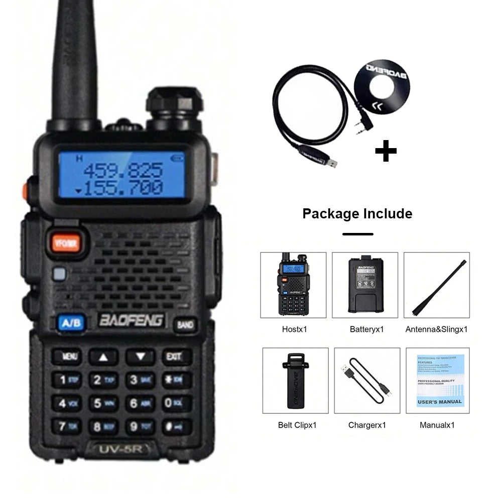 Rádio bidirecional Baofeng UV-5R - Rádio amador de banda dupla VHF/UHF com carregamento USB