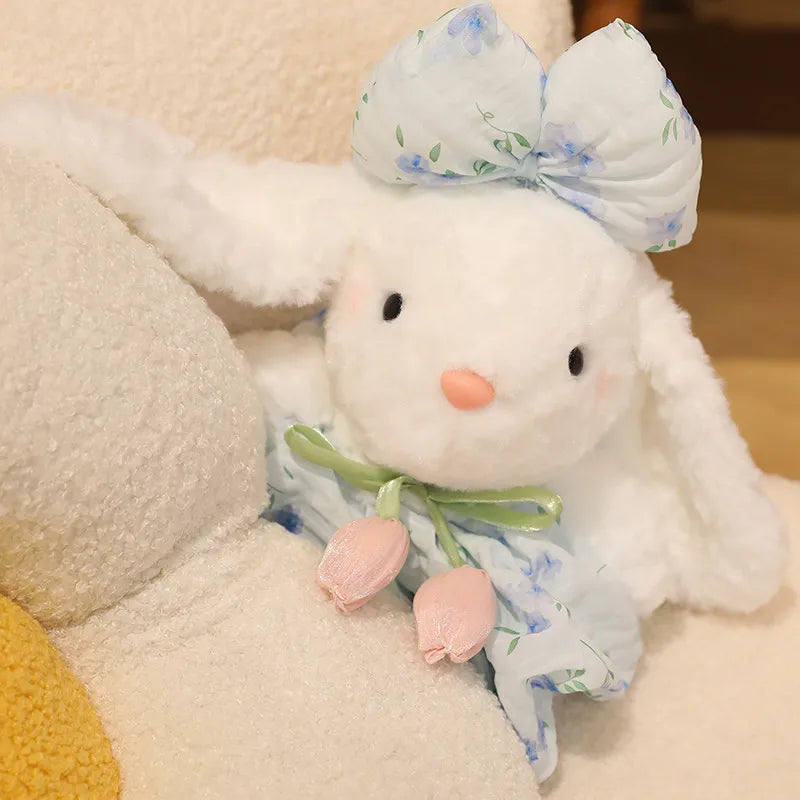 Lindo coelho de pelúcia, colorido, macio e fofo, com vestido de chiffon, boneca para acalmar e dormir, presente de aniversário.