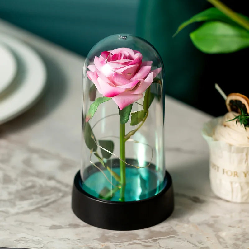 Rosa eterna de LED em cúpula de vidro - Flor com detalhes em folha de ouro para o Dia dos Namorados e Dia das Mães