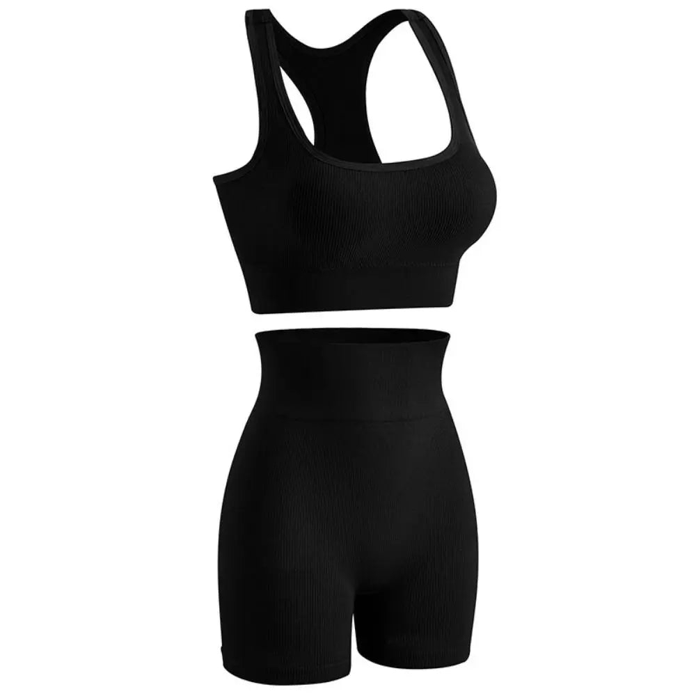 2 Pieces Seamless Workout Outfits High Waist Short Sport Bra Crop Matching Active Set Sleeveless Round Neck Tracksuit Exercise