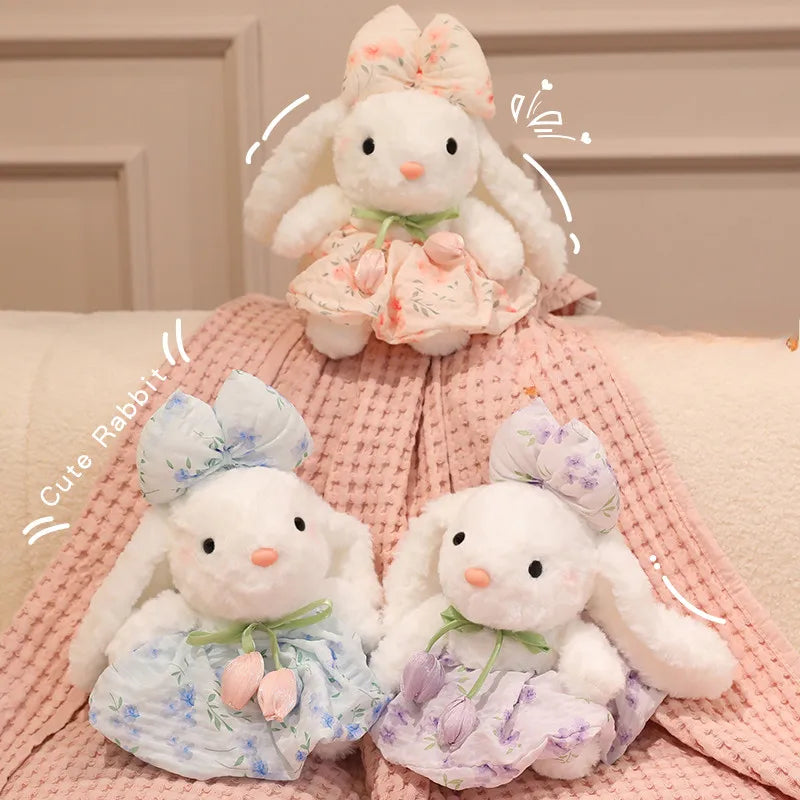 Lindo coelho de pelúcia, colorido, macio e fofo, com vestido de chiffon, boneca para acalmar e dormir, presente de aniversário.