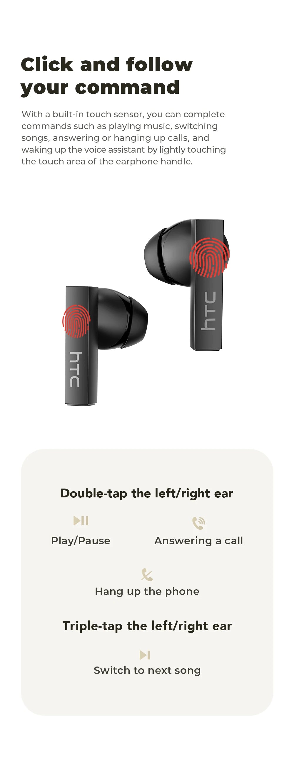 Fones de Ouvido Bluetooth HTC com Tradutor IA e Legendas HD - TWS Esportivo Sem Fio