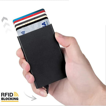 Carteira inteligente RFID, porta-cartões, fina e elegante, em metal, para homens e mulheres. Carteira minimalista com abertura automática, pequena e preta.
