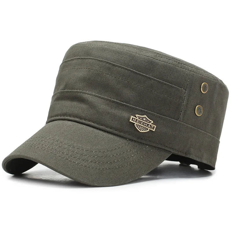 Vintage Flat Top Cadet Cap - Cotton Military Style Hat for Men & Women