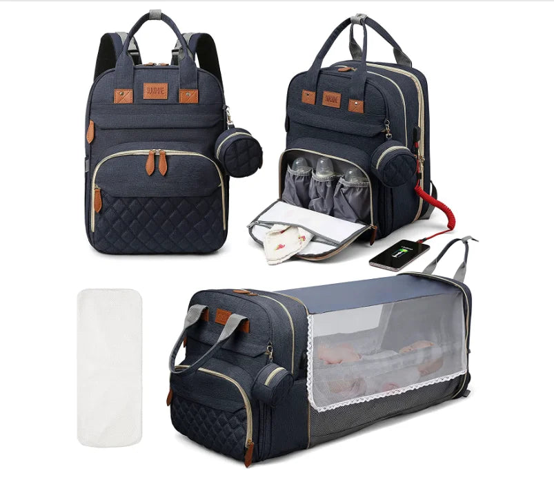 3-in-1 Diaper Bag Backpack – Foldable Baby Bed with USB Charging Port