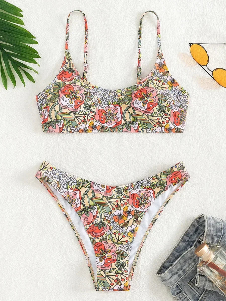 Biquíni brasileiro com estampa floral, maiô feminino, conjunto de biquíni de duas peças, roupa de banho para praia no verão.