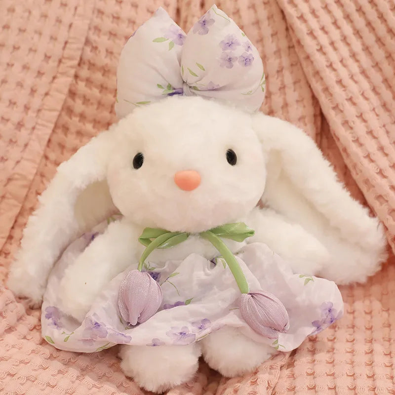Lindo coelho de pelúcia, colorido, macio e fofo, com vestido de chiffon, boneca para acalmar e dormir, presente de aniversário.