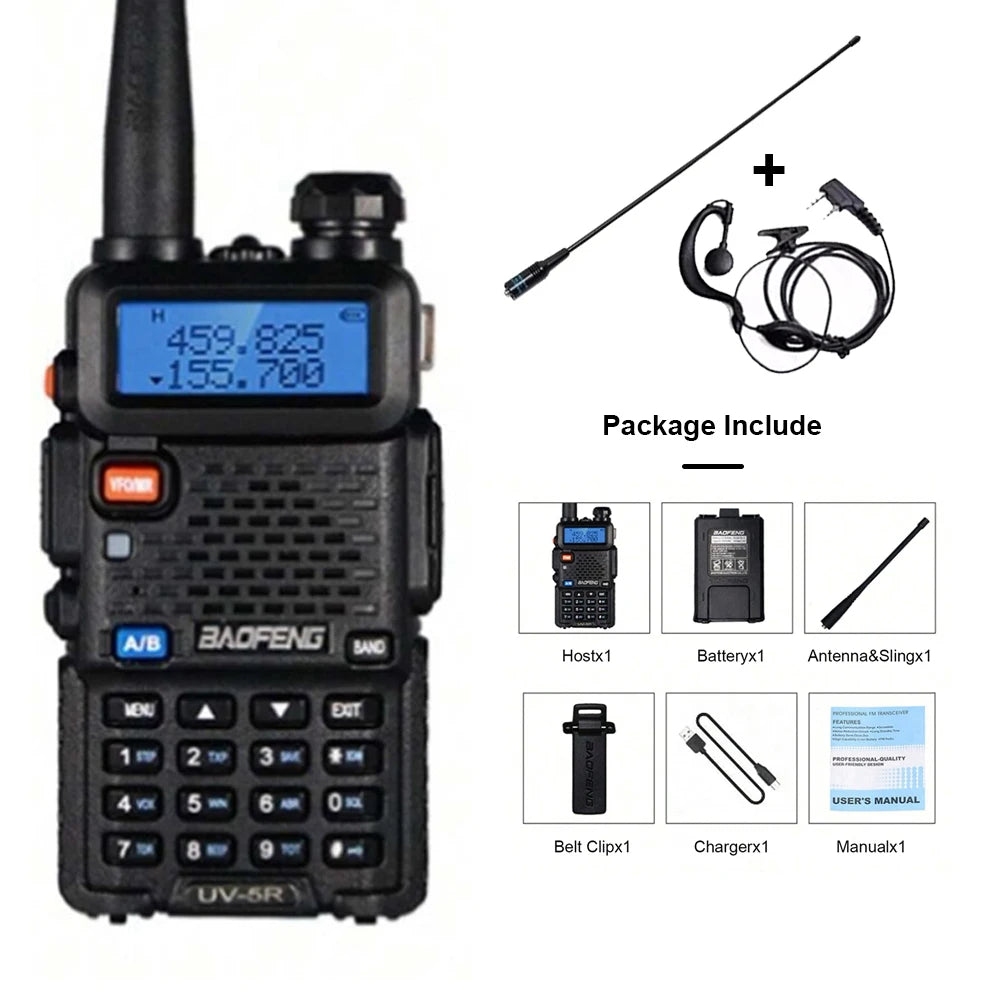 Rádio bidirecional Baofeng UV-5R - Rádio amador de banda dupla VHF/UHF com carregamento USB