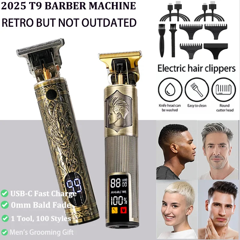 T9 Electric Hair Trimmer - USB Rechargeable Professional Clipper for 0mm Bald Fades