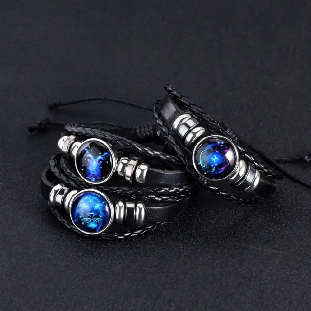 Pulseira ajustável e luminosa do zodíaco - Pulseira espiritual em couro PU que brilha no escuro