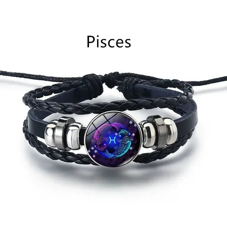 Pulseira ajustável e luminosa do zodíaco - Pulseira espiritual em couro PU que brilha no escuro