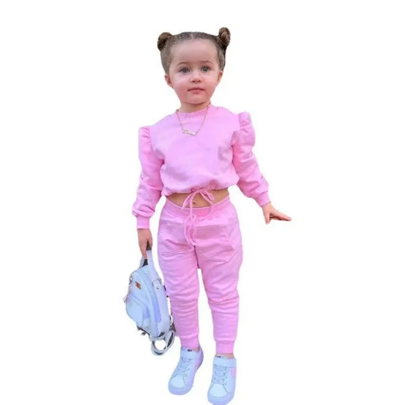 Conjunto de Roupa de Outono para Meninas - Cropped e Calça Esportiva 2 Peças Athleisure (1-7 anos)