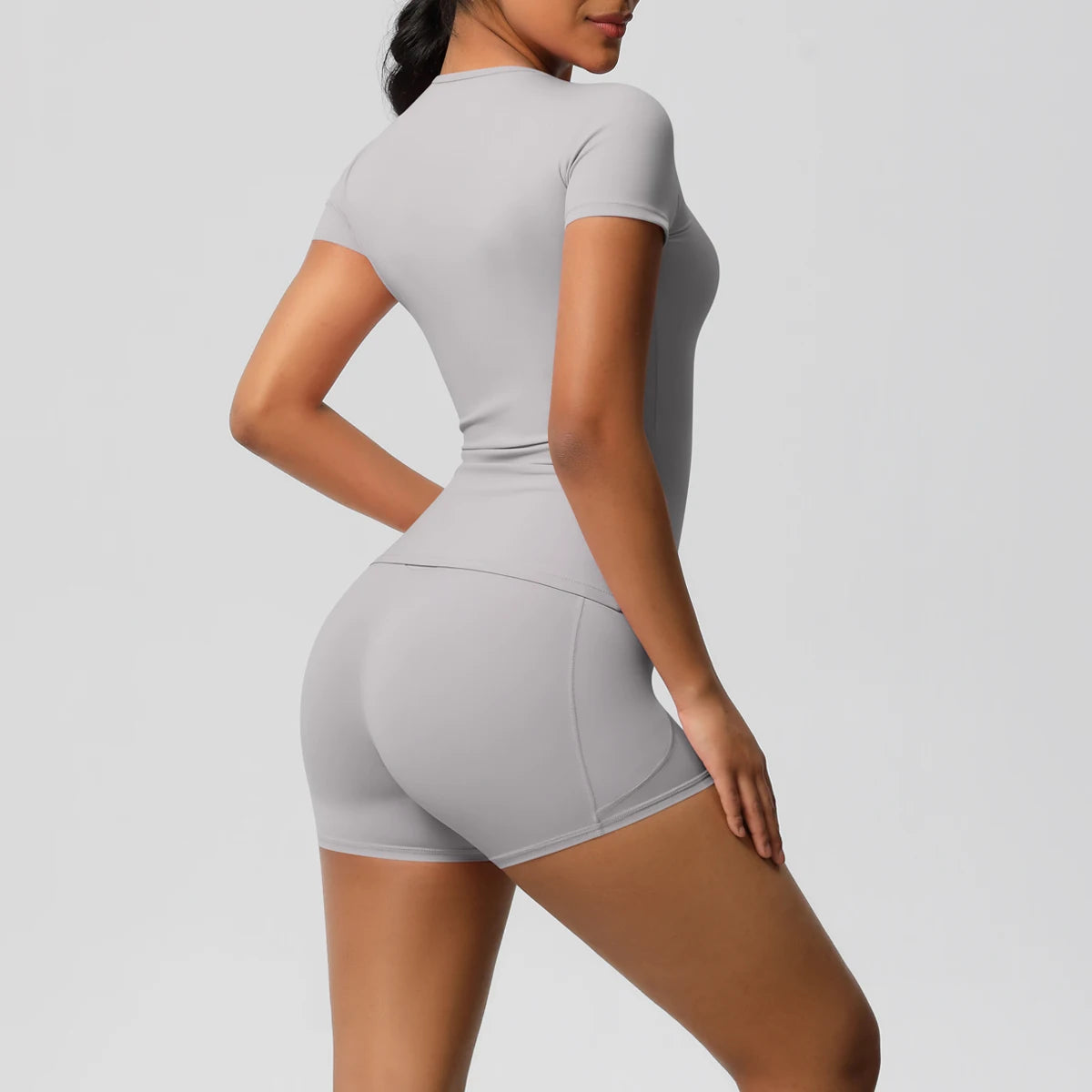 Conjunto de 2 Peças Feminino para Treino - Camisa Push-Up e Shorts Cintura Alta para Yoga e Fitness