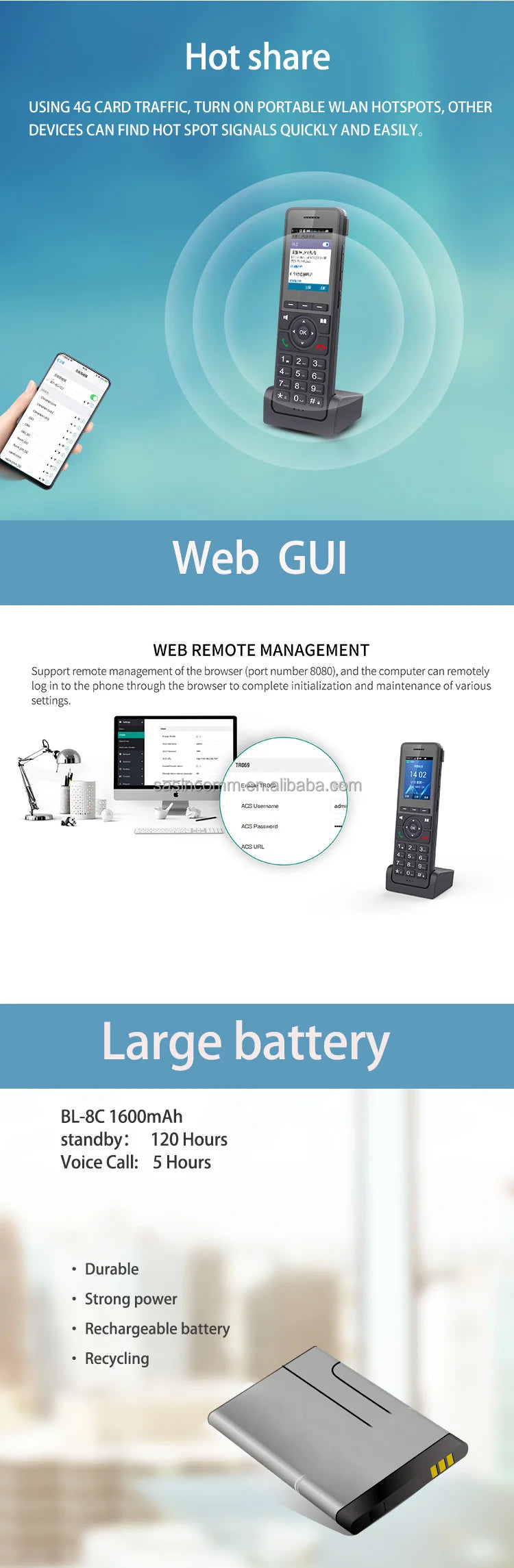 Telefone de Mesa VoIP WiFi 4G LTE - Telefone SIP Sem Fio com Tela de 2,4" e Conferência de 3 Vias